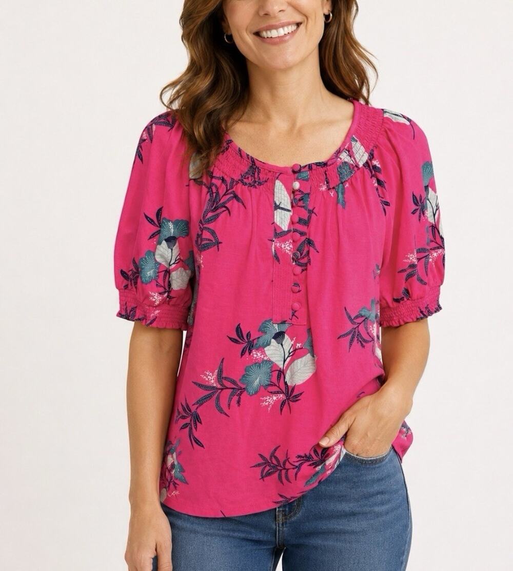 Wonderly Women's Pink Floral Print Blouse Petite Small V-Neck Short Sleeve PS
